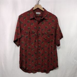 Vintage Certain 100% Silk Plaid Floral Button Shirt Mens M Red Retro 90s Y2K
